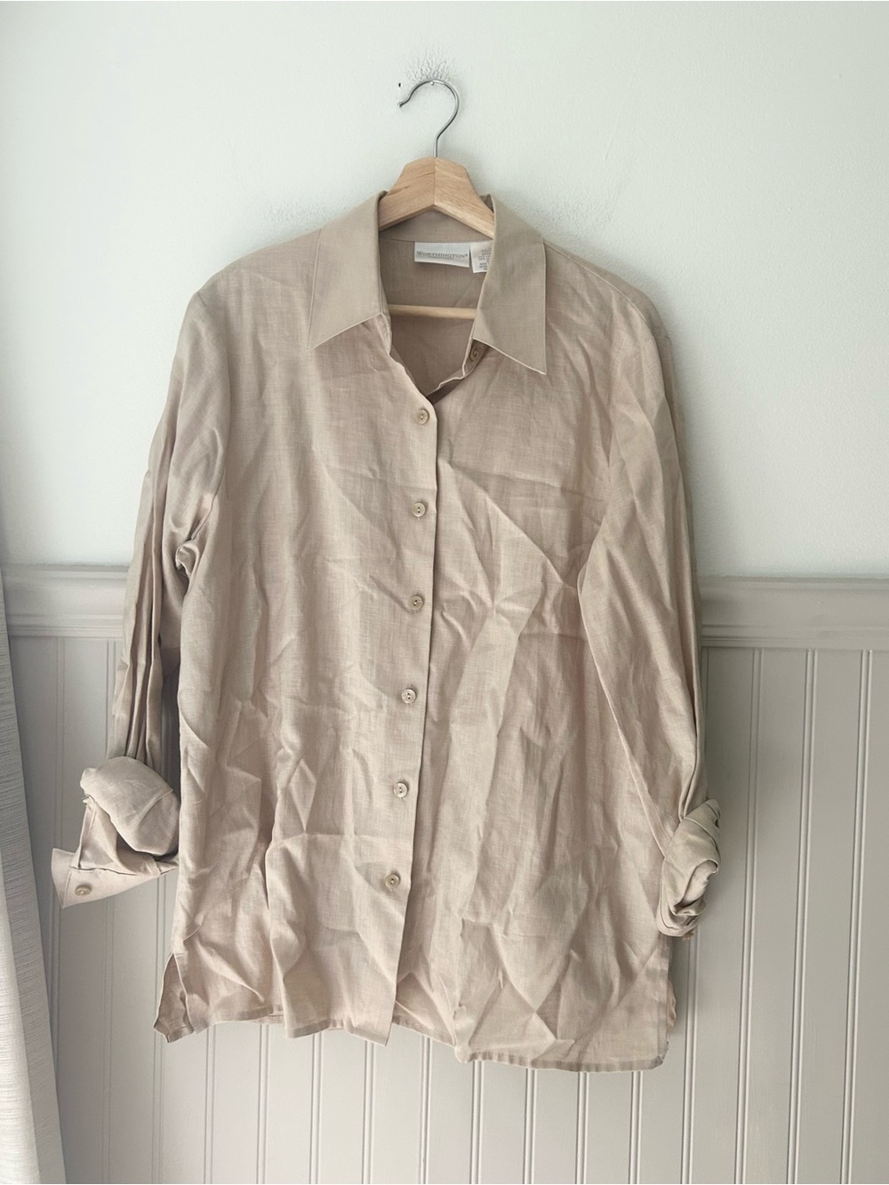 Worthington Women’s Beige Linen Cotton Button Down Shirt Long Sleeve Classic